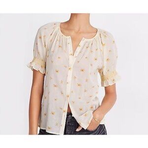 Madewell French Daisies Smocked Short Sleeve Button Up Top Size Small Floral